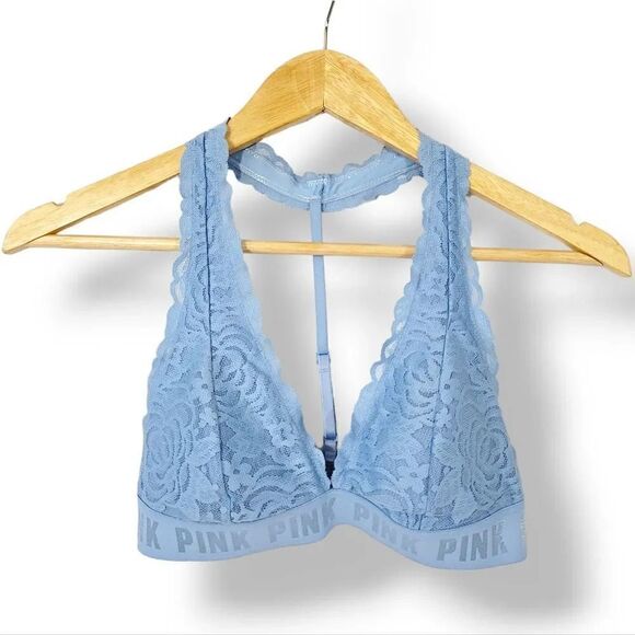 Victoria's Secret Pink Lace T-Strap Logo Bralette in Baby Blue Size Small - Picture 10 of 11